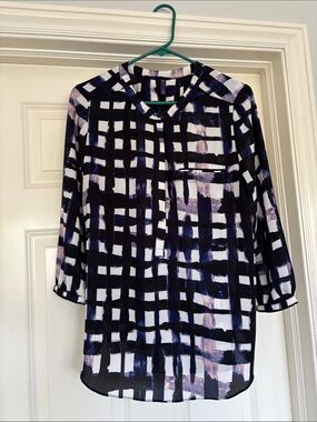 NYDJ Black, White and Lavender Grid-Print Blouse